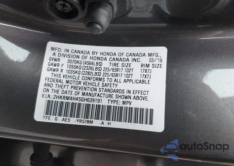2016 Honda Cr-V Se from USA, damaged, VIN 2HKRM4H45GH639191